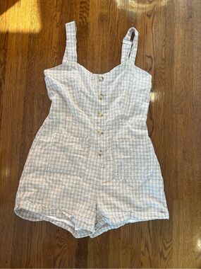 Sage Plaid Button-Front Romper Tan Gingham